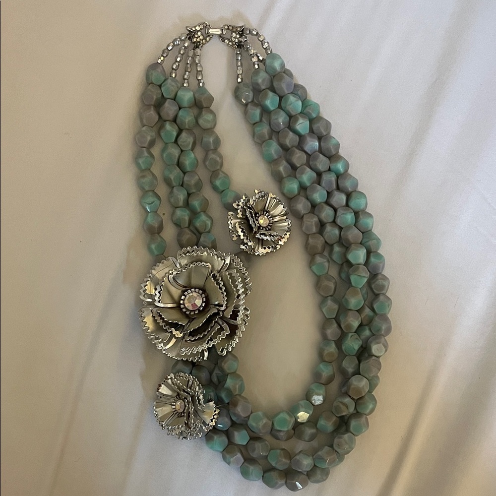 One of a kind & handmade beaded statement piece necklace, silver clasp& flowers.